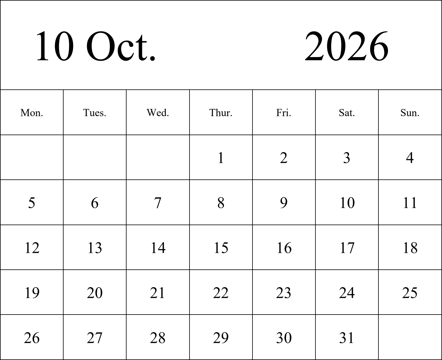 日历表2026年日历 英文版 纵向排版 周一开始 带节假日调休安排